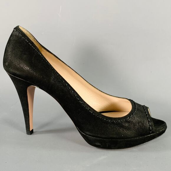 PRADA Size 8 Black Leather Peep Toe Pumps - Picture 1 of 7